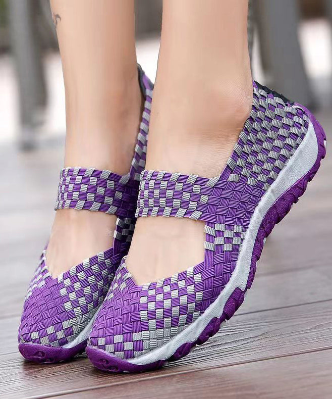 Purple Knit Fabric Handmade Splicing Flat Shoes for