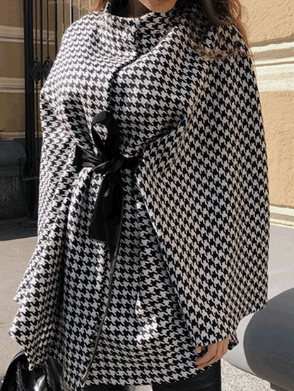 Coats Loose Houndstooth Lace-up Cape Wool Coat