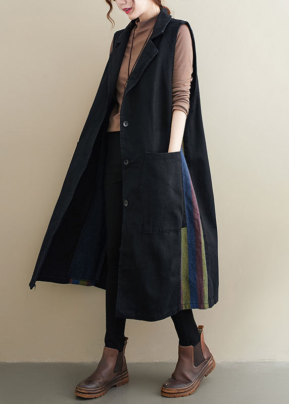 Black Peterpan Collar Button Pockets Patchwork Fall Sleeveless Waistcoat