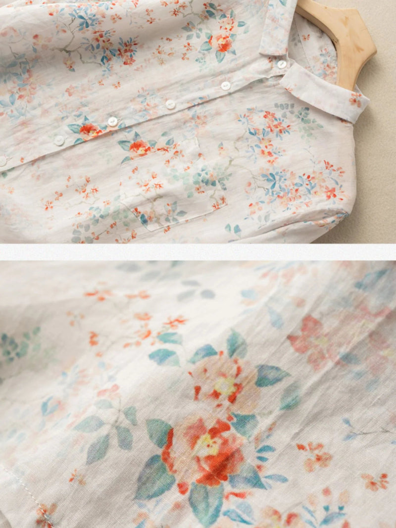 Print Long Sleeve Linen Shirt Top