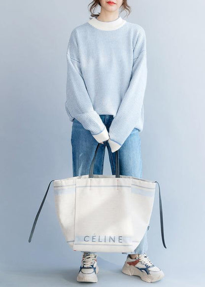 Pullover Winter Blue White Striped Knit Sweat Tops High Neck Crane Tops