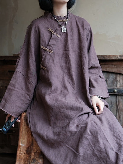 Chinese Style Burrs Button Linen Dress