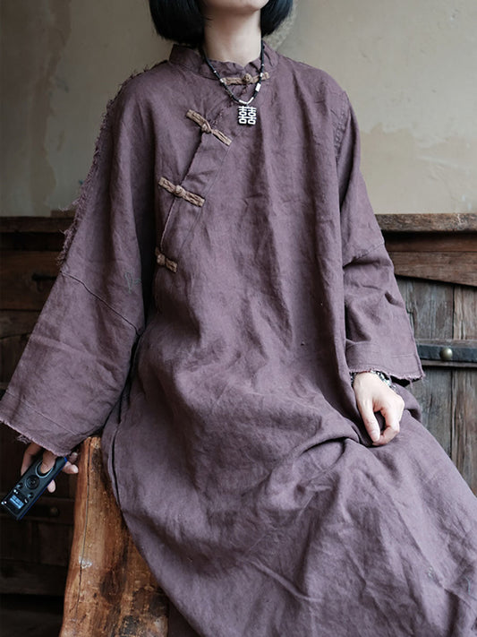 Chinese Style Burrs Button Linen Dress