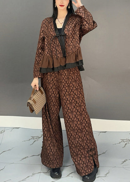 Chocolate Ruffled Patchwork Print Shirts and Wide Leg Pants Two Pieces Set Spring