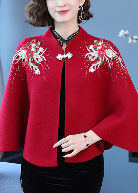 Wine Red Stand Collar Embroidered Patchwork Woolen Coats Fall