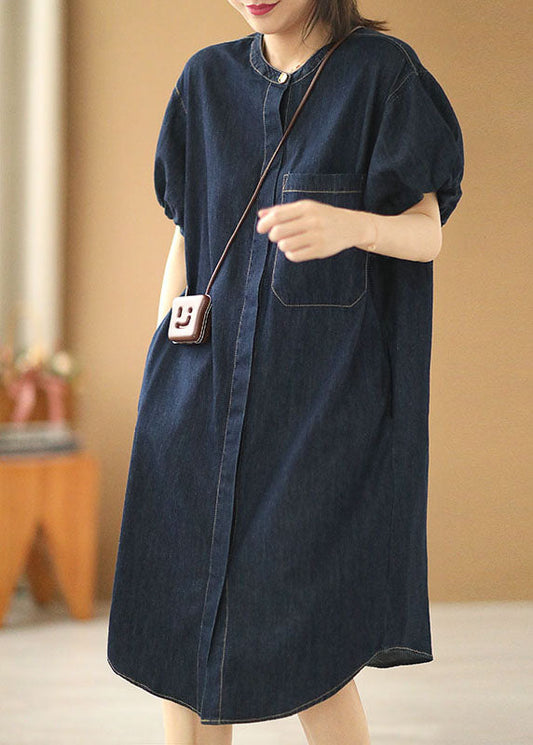 Denim Blue O-neck Pocket Color Cotton Holiday Dress Puff Sleeve