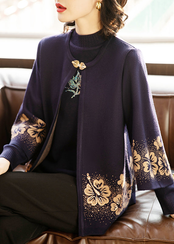 Dark Purple Print Cotton Knit Cardigans and Sweaters Two Pieces Set Three Quarter Sleeve