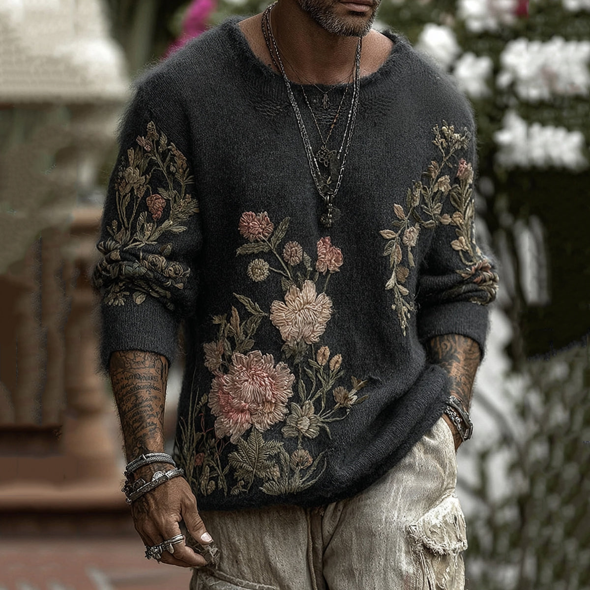 Men's Classic Floral Art Jacquard Thick Warm Round Neck Sweater elevenforest
