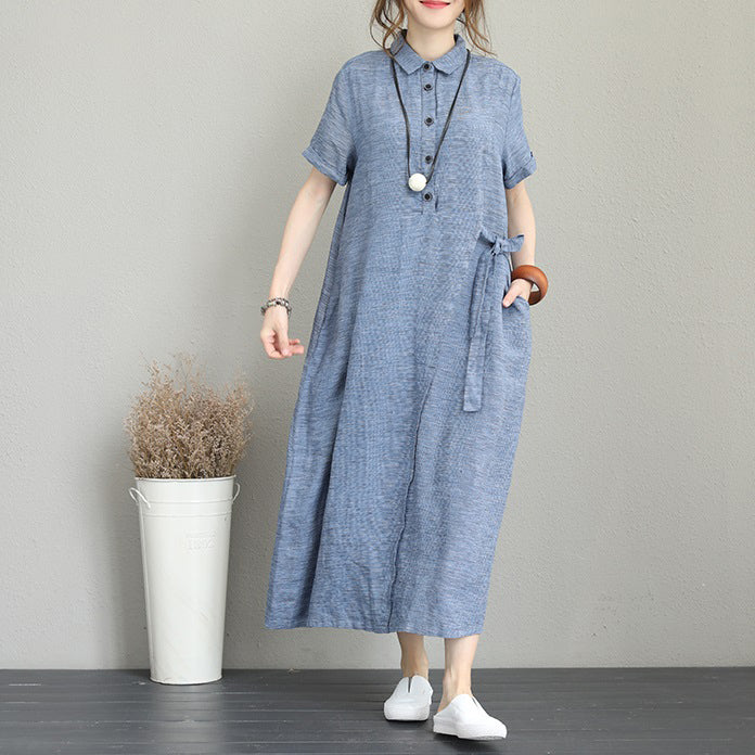 Blue Natural Linen Dress Side Tie Waist Linen Clothing Dress Lapel Collar Linen Caftans