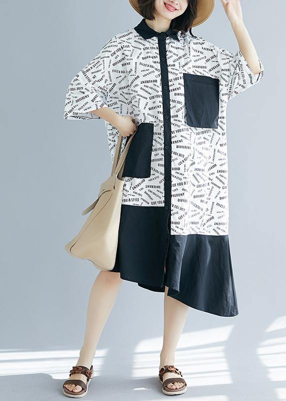 French Lapel Patchwork Asymmetric Cotton White Print Dresses Summer