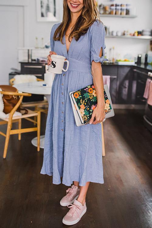 Vacation Button Knot Sleeve Dress