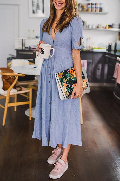 Vacation Button Knot Sleeve Dress