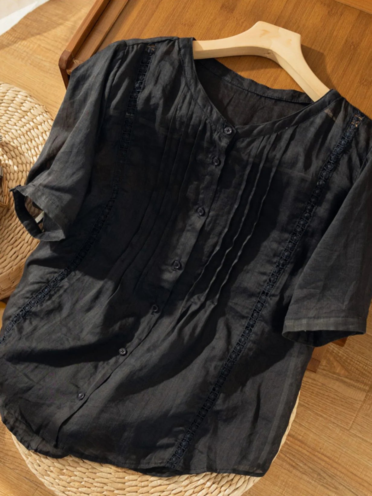 Pure Color Round Neck Short Sleeve Linen Top