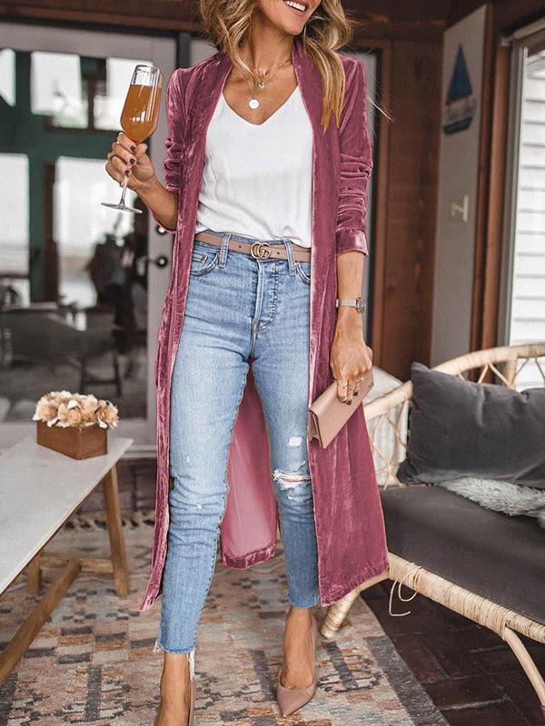 Coats Loose Gold Velvet Long Sleeve Long Cardigan Coats