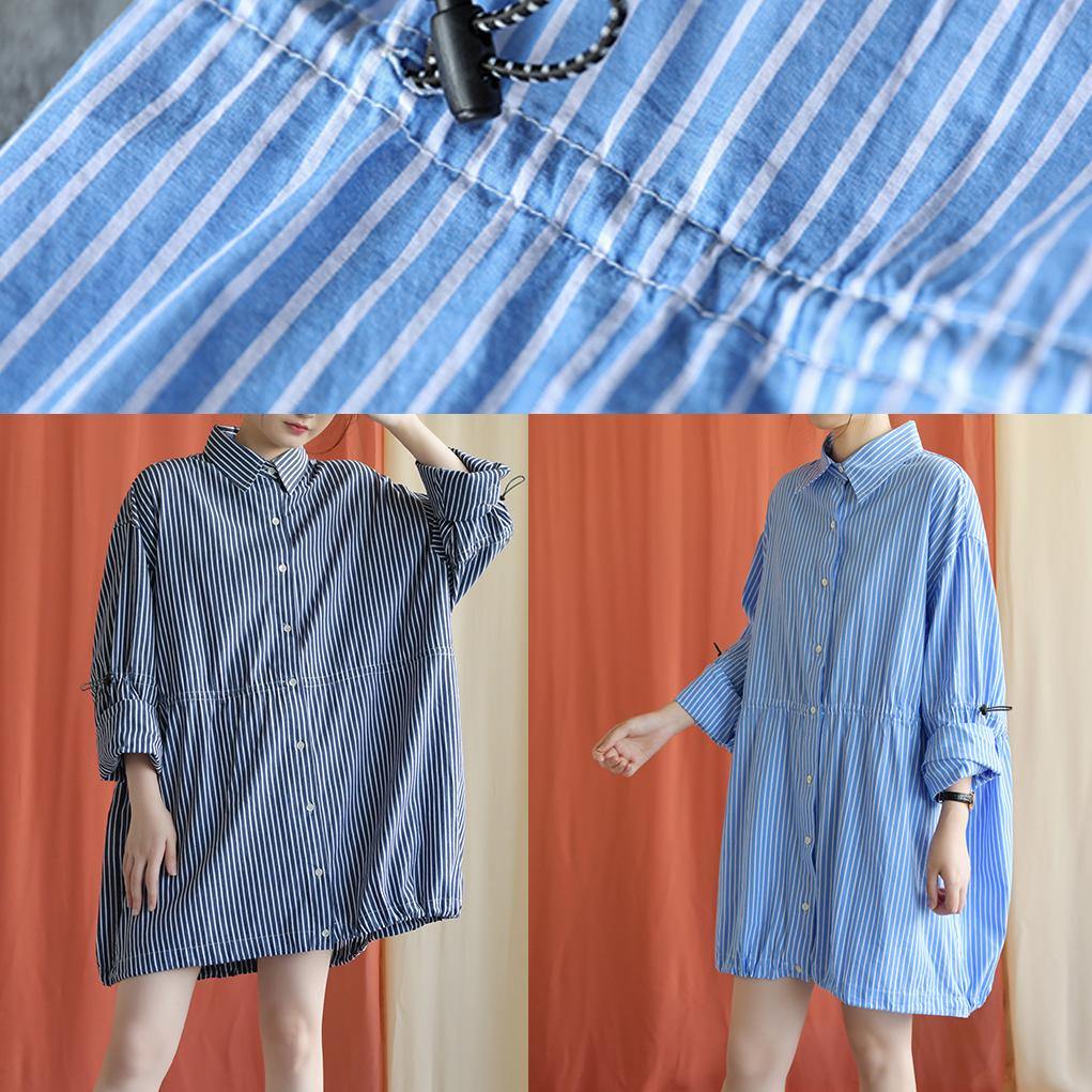 Simple Blue Cotton Dresses Drawstring Knee Fall Shirt Dresses
