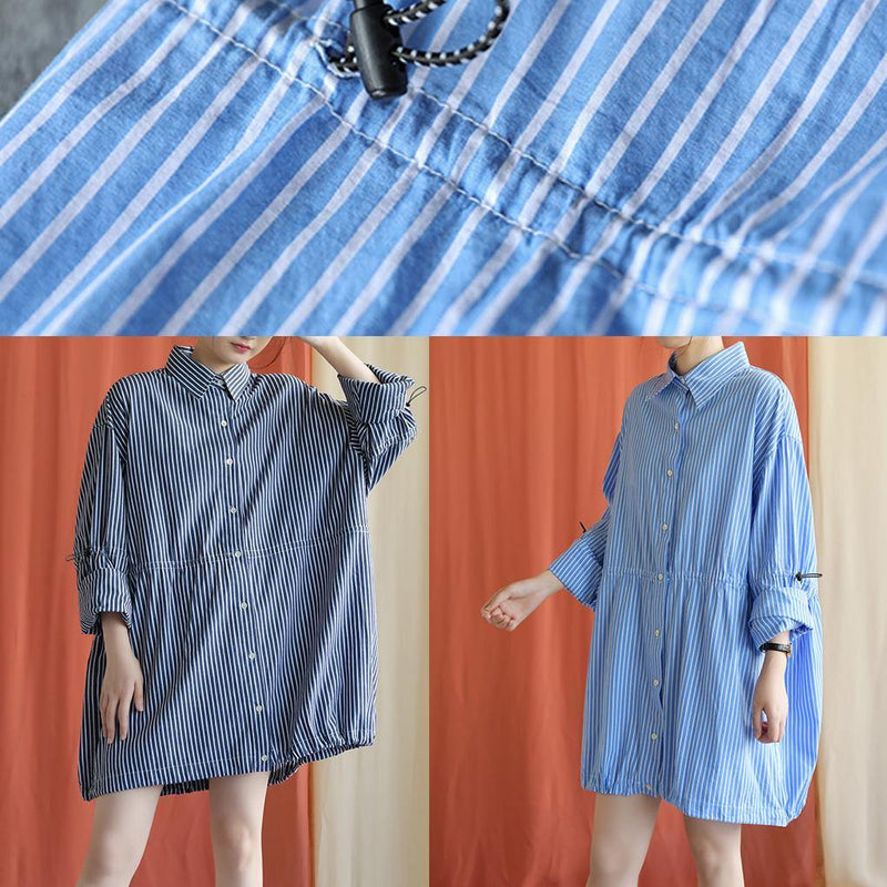 Simple Blue Cotton Dresses Drawstring Knee Fall Shirt Dresses