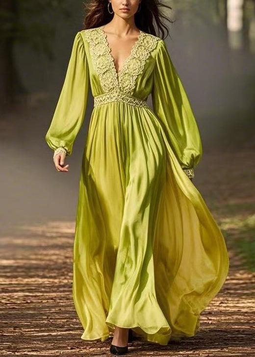 Green Wrinkled Chiffon Long Dresses V Neck Spring