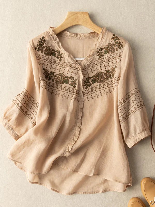 Embroidered Crew Neck 3/4 Sleeve Linen Top