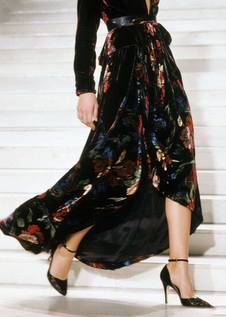 V Neck Asymmetrical Design Print Velvet Dress Fall