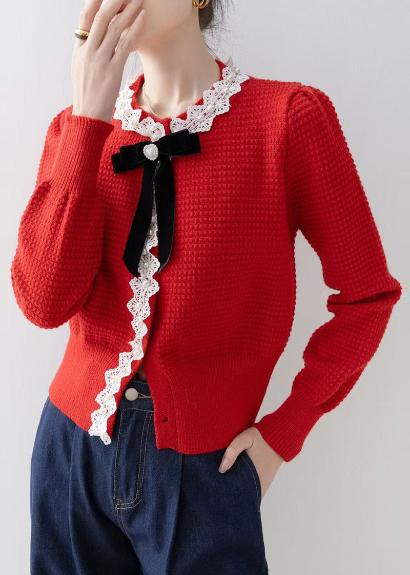 Red Bow Nail Bead Knit Cardigan Winter