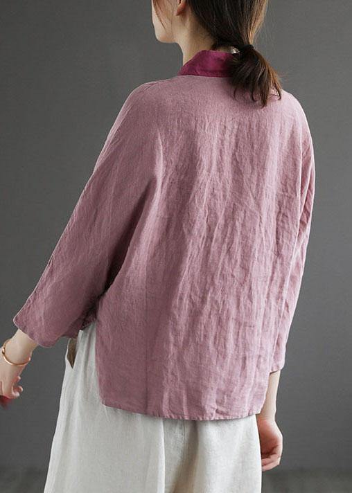 Purple Retro Embroideried Patchwork Summer Linen Blouse