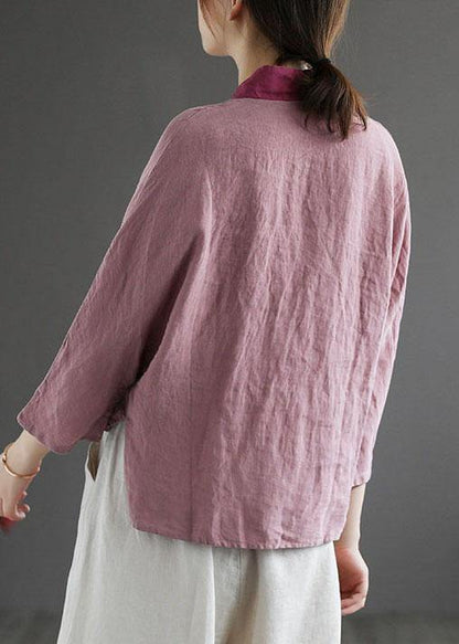 Purple Retro Embroideried Patchwork Summer Linen Blouse