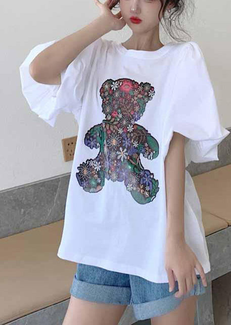 White Bear Print Cotton Tank Tops Puff Sleeve