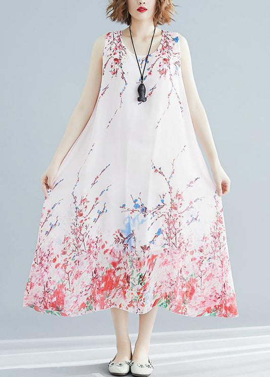 French O Neck Sleeveless Tunic Red Print Maxi Dresses