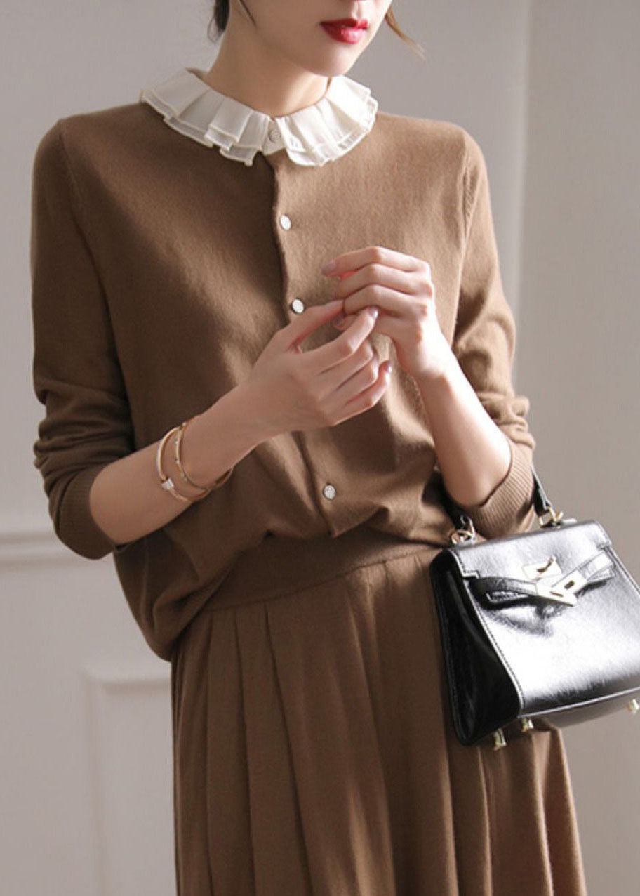 Coffee O-neck Ruffled Patchwork Cashmere Cardigans Spring