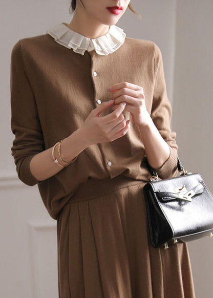 Coffee O-neck Ruffled Patchwork Cashmere Cardigans Spring