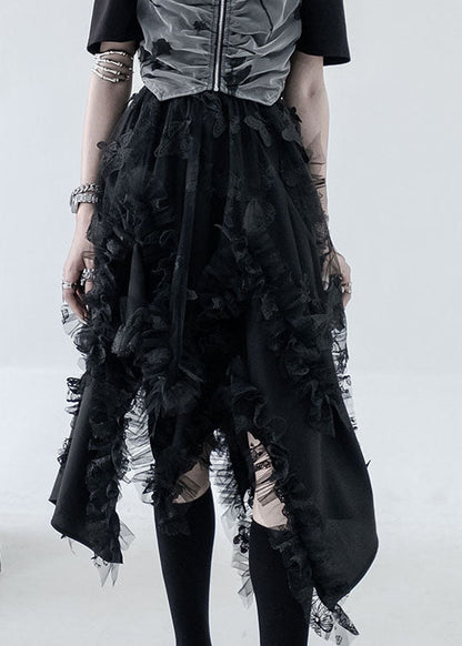 Diy Black Elastic Waist Asymmetrical Design Ruffled a Line Skirts Summer