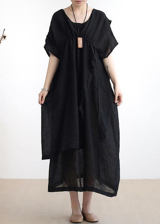 French O Neck Asymmetric Cotton Summer Dress Sewing Black Dresses