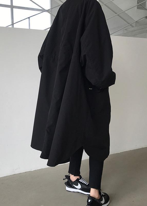 Handmade Zippered Lapel Collar Crane Coats Black Baggy Coats