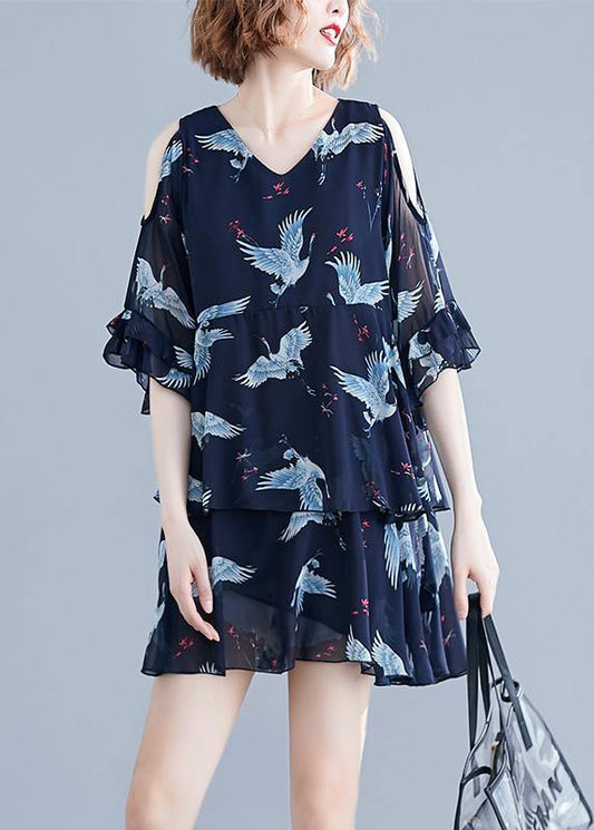 Navy Print Chiffon Dresses Outfits V Neck Ruffles Summer Dresses