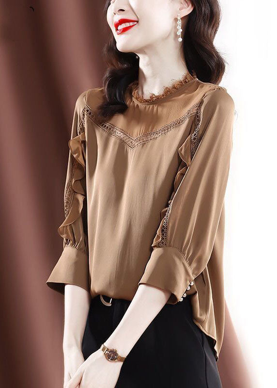 Khaki Ruffles Patchwork Hollow Out Chiffon Shirt Tops Bracelet Sleeve