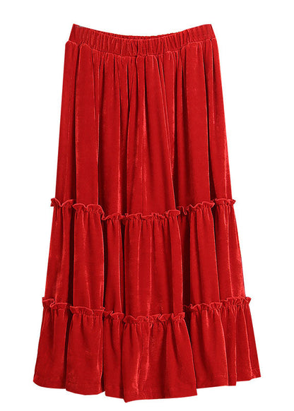 Red Ruffled Patchwork Silk Velour Skirt Spring