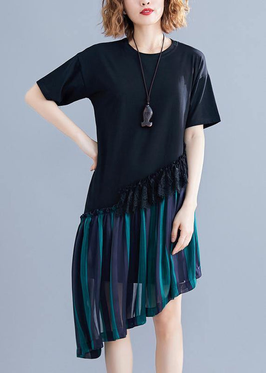 O Neck Patchwork Quilting Clothes Blue Striped Dresses Summer