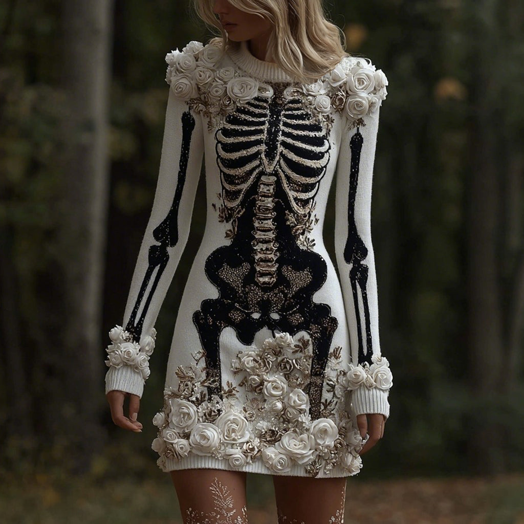 Comstylish Classy Skull And Roses Art Cozy Knit Sweater Dress