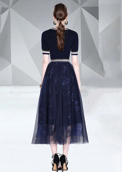 Italian Black O Neck Knit Tops and Tulle Skirts Embroideried 2 Piece Summer