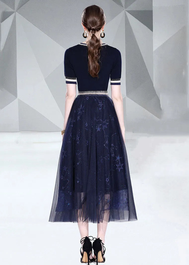 Italian Black O Neck Knit Tops and Tulle Skirts Embroideried 2 Piece Summer