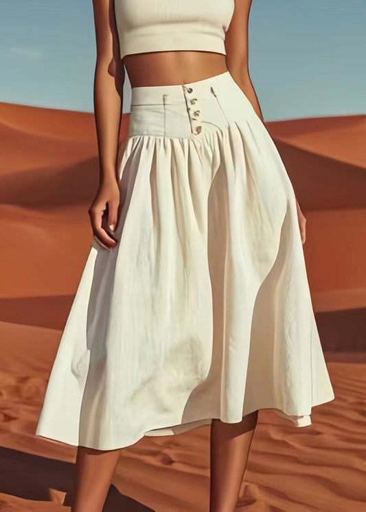 Beige Button High Waist Cotton Skirts Summer
