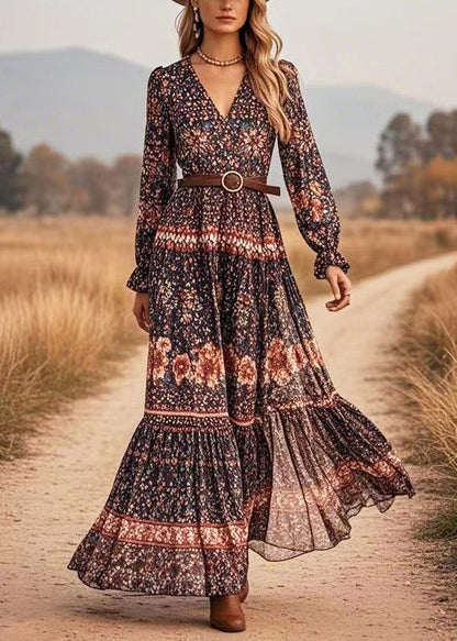 Black V Neck Print Long Dresses Spring