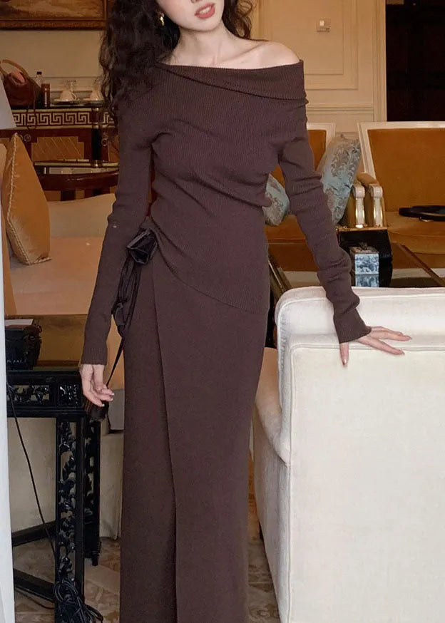 Slim Fit Camel Asymmetrical Tie Waist Sweaters and Maxi Skirts Wool Knit Two Pieces Set Winter