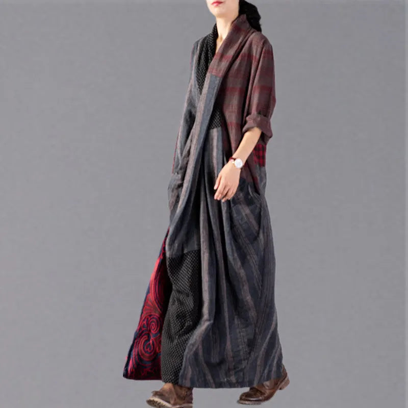 New Red Plaid Oversize V Neck Patchwork Linen Clothing Dress Pockets Asymmetrical Design Caftans