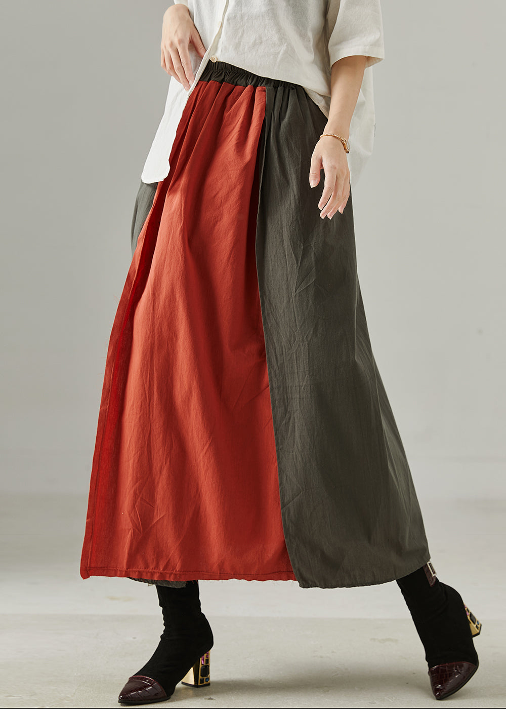 Red Elastic Waist Patchwork Cotton Skirts Fall