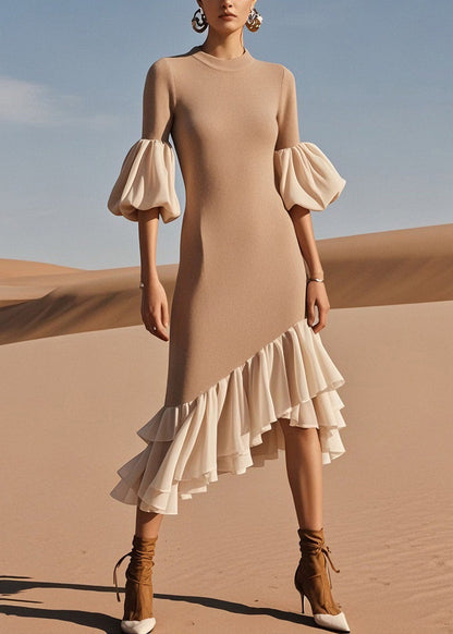 Stylish O Neck Ruffled Patchwork Knit Sweater Dress Spring