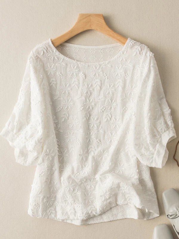 Embroidered Round Neck Half Sleeve Linen Tee Top