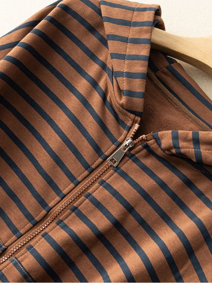 100% Natural Material Striped Zipper Literary Retro Hoodie Coat