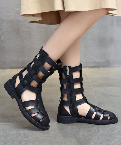 Black Chunky Cowhide Leather Hollow Out Boots