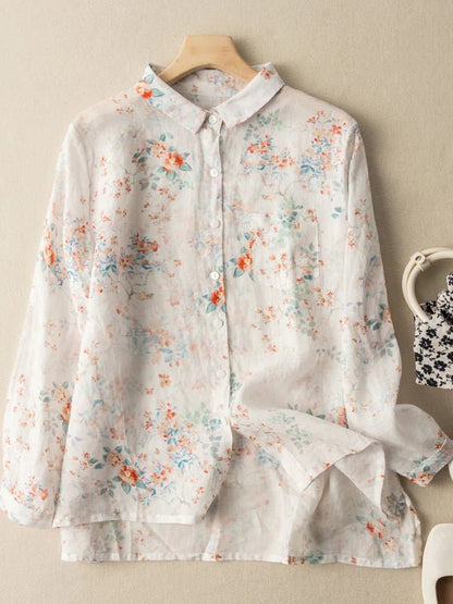 Print Long Sleeve Linen Shirt Top